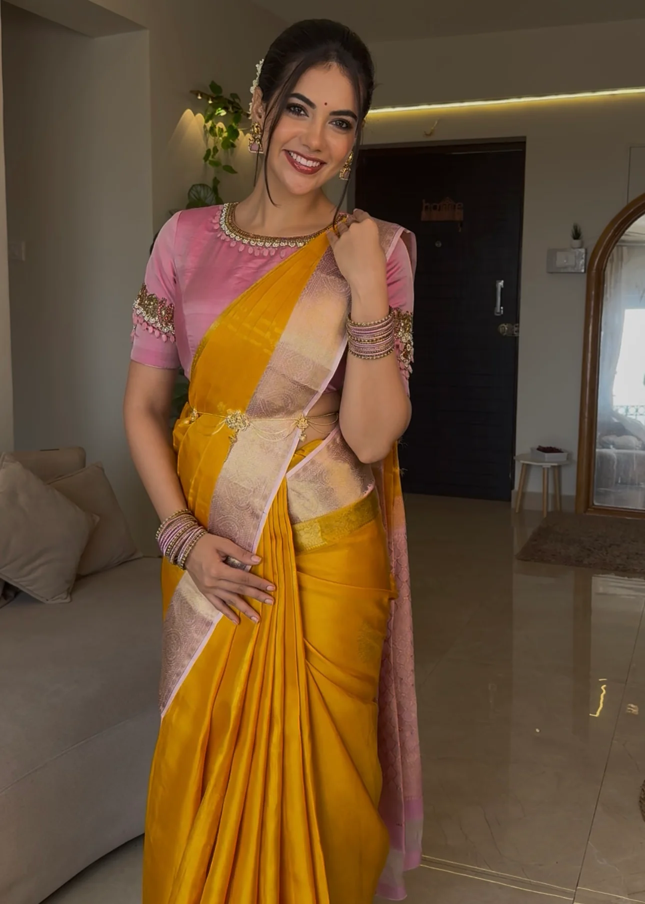 Mustard Yellow-Beach Pink Vasundhara Silk Saree Features Zari Buttas, Contrast Border of Cross Kamalam, Rudraksham, and Thilakam, Grand Pallu, and a Contrast Blouse - Image 2