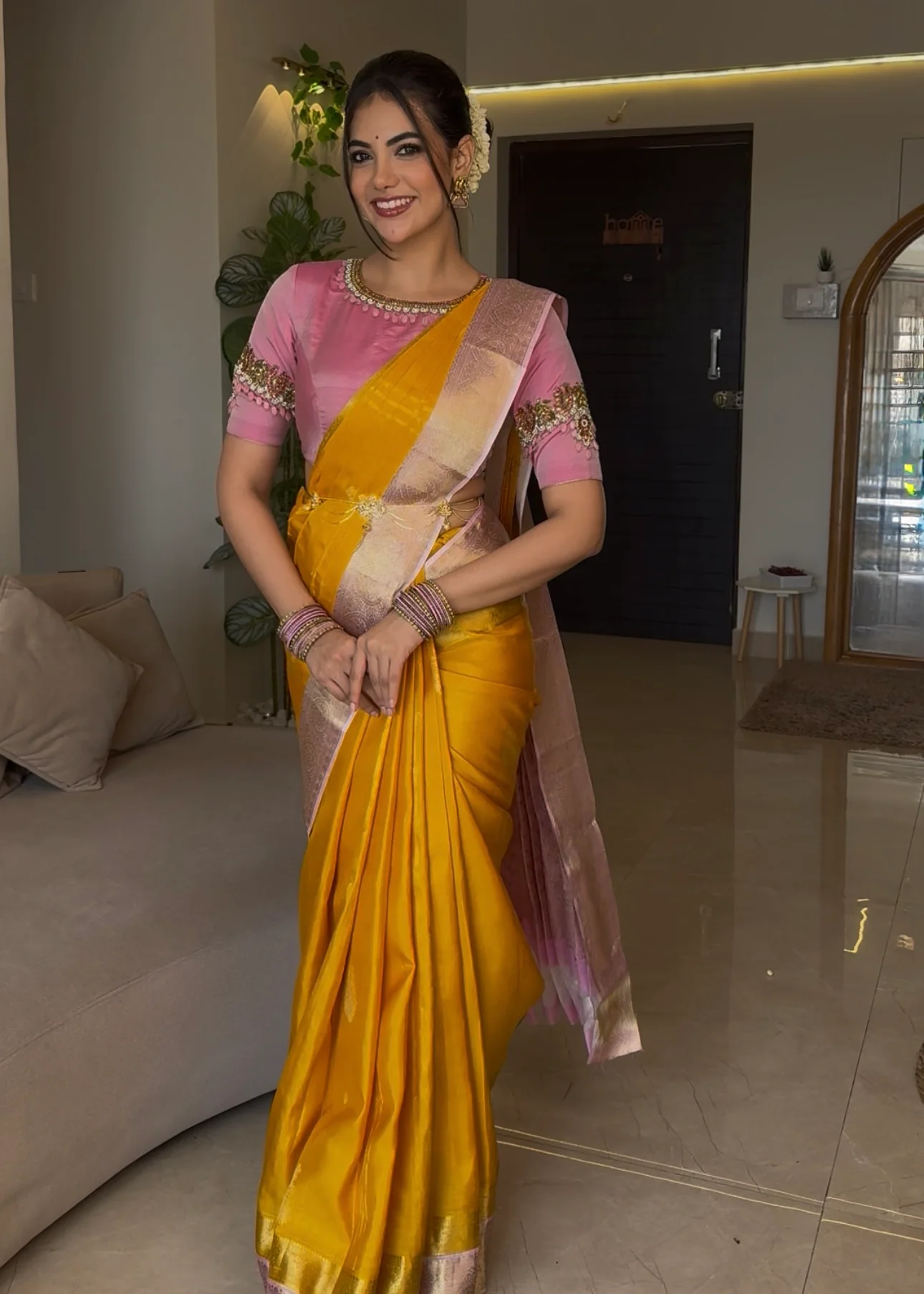 Mustard Yellow-Beach Pink Vasundhara Silk Saree Features Zari Buttas, Contrast Border of Cross Kamalam, Rudraksham, and Thilakam, Grand Pallu, and a Contrast Blouse - Image 3