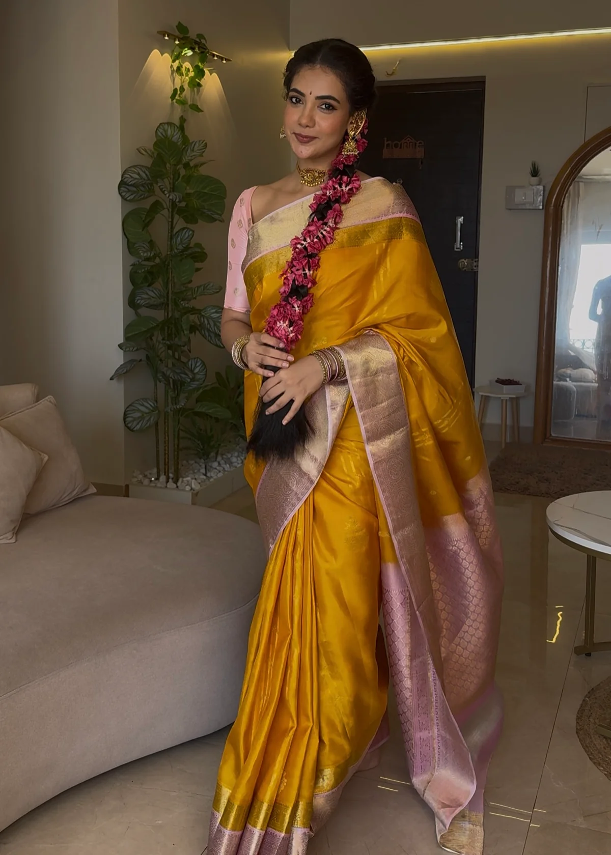 Mustard Yellow-Beach Pink Vasundhara Silk Saree Features Zari Buttas, Contrast Border of Cross Kamalam, Rudraksham, and Thilakam, Grand Pallu, and a Contrast Blouse - Image 4