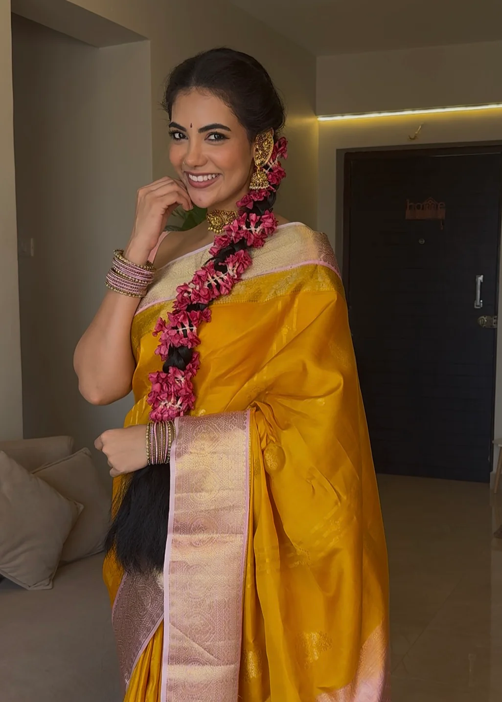 Mustard Yellow-Beach Pink Vasundhara Silk Saree Features Zari Buttas, Contrast Border of Cross Kamalam, Rudraksham, and Thilakam, Grand Pallu, and a Contrast Blouse - Image 5