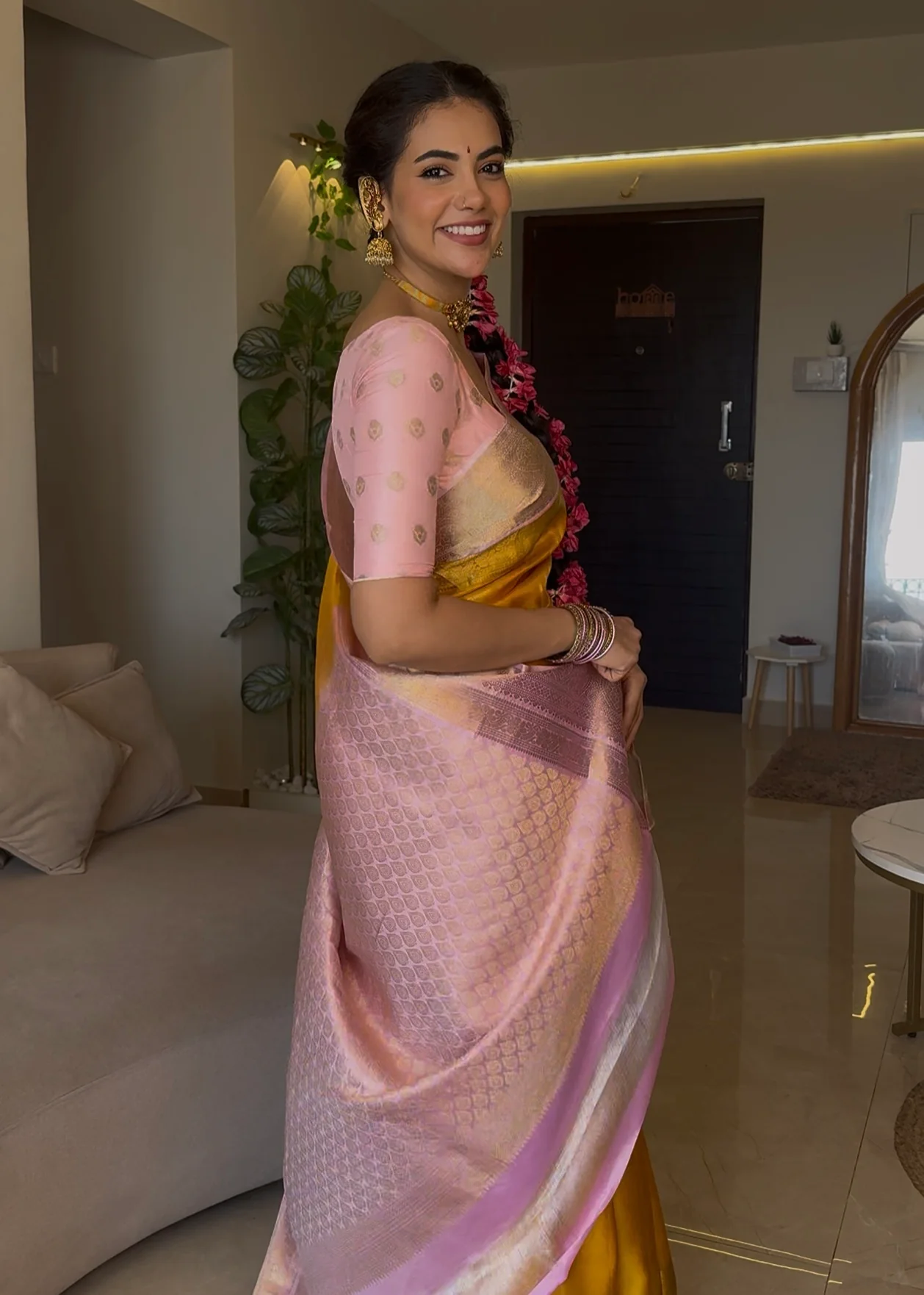 Mustard Yellow-Beach Pink Vasundhara Silk Saree Features Zari Buttas, Contrast Border of Cross Kamalam, Rudraksham, and Thilakam, Grand Pallu, and a Contrast Blouse - Image 6