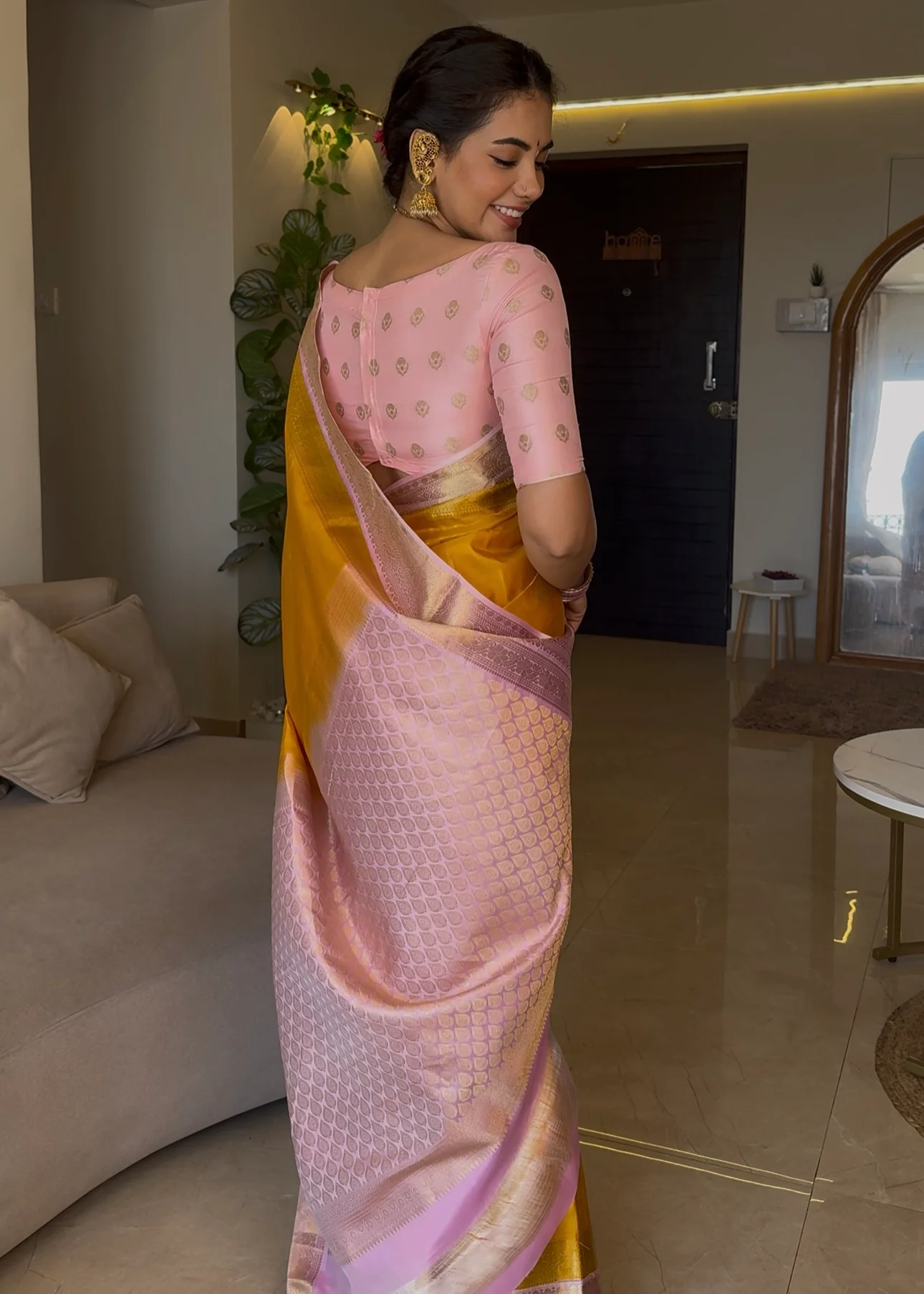 Mustard Yellow-Beach Pink Vasundhara Silk Saree Features Zari Buttas, Contrast Border of Cross Kamalam, Rudraksham, and Thilakam, Grand Pallu, and a Contrast Blouse - Image 7