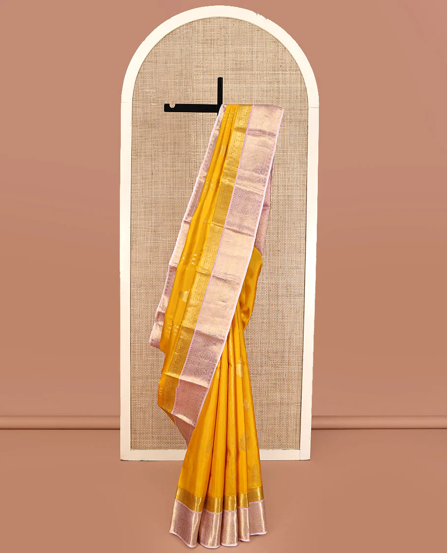 Mustard Yellow-Beach Pink Vasundhara Silk Saree Features Zari Buttas, Contrast Border of Cross Kamalam, Rudraksham, and Thilakam, Grand Pallu, and a Contrast Blouse - Image 8