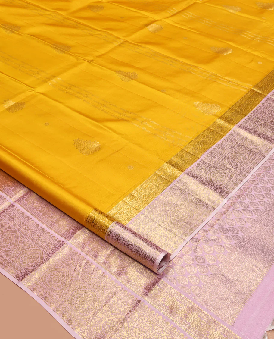 Mustard Yellow-Beach Pink Vasundhara Silk Saree Features Zari Buttas, Contrast Border of Cross Kamalam, Rudraksham, and Thilakam, Grand Pallu, and a Contrast Blouse - Image 9