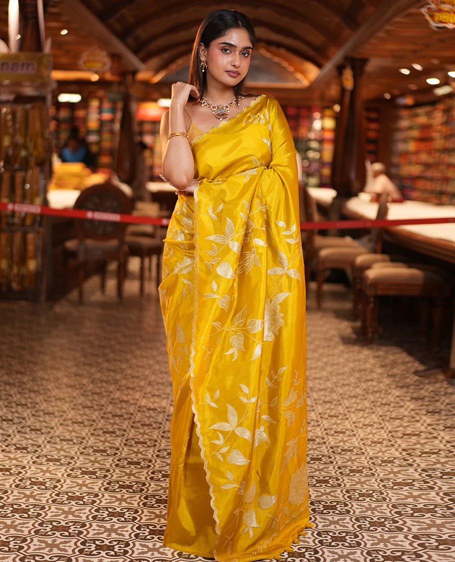 Mustard Yellow Dupion Silk Saree, Delicately Decked Up with Floral-Leaf Vine Embroidered On Its Body, Subtle Scallop Border, Artfully Floral Embroidered Pallu, and Paired with a Plain Blouse - Image 6