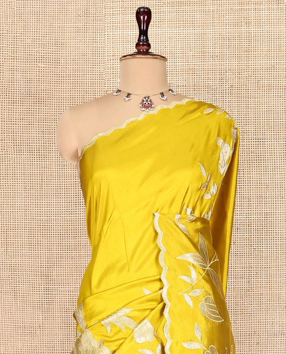 Mustard Yellow Dupion Silk Saree, Delicately Decked Up with Floral-Leaf Vine Embroidered On Its Body, Subtle Scallop Border, Artfully Floral Embroidered Pallu, and Paired with a Plain Blouse - Image 8