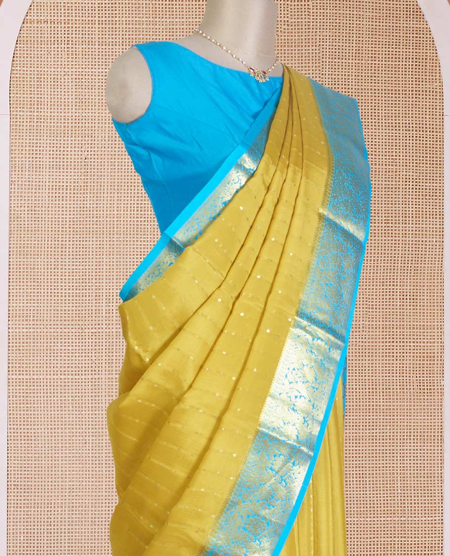 Yellow zari buttas Mysore silk saree, contrast floral zari border, and intricate pallu - Image 3