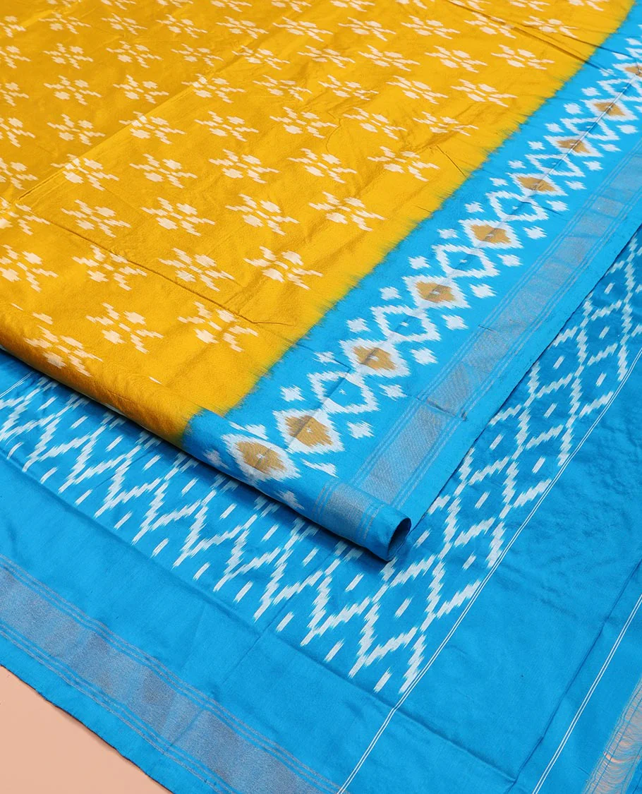 Mustard Ikkat Silk Saree, Masterfully Woven with Ikkat Buttas All Over Its Body, Complemented by a Contrast Diamond-Patterned Border, Pallu of Ikkat Butta Enclosed Checks, and Paired with a Contrast Blouse - Image 2