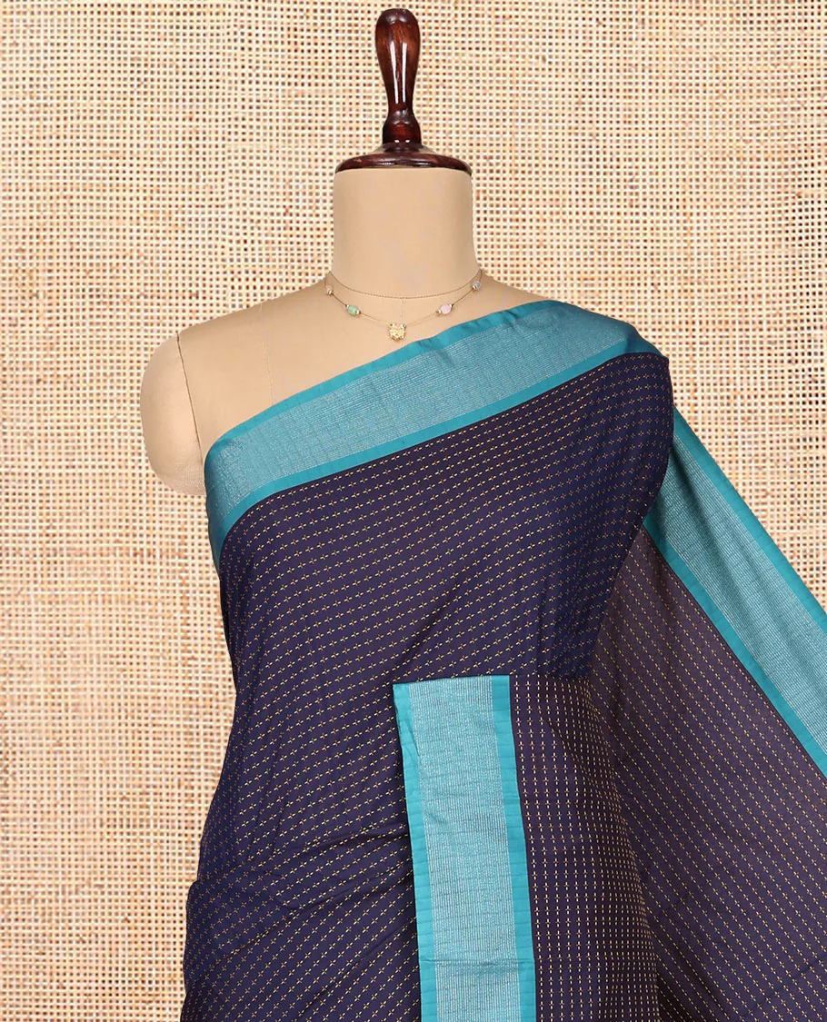 Navy Blue Aarani Gift Saree, Steeped with Plus-Shaped Buttas on Its Body, Complemented by a Contrast Striped Border, Subtle Striped Pallu, and Paired with a Matching Blouse - Image 2