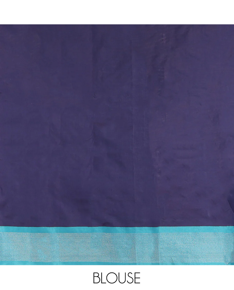 Navy Blue Aarani Gift Saree, Steeped with Plus-Shaped Buttas on Its Body, Complemented by a Contrast Striped Border, Subtle Striped Pallu, and Paired with a Matching Blouse - Image 3