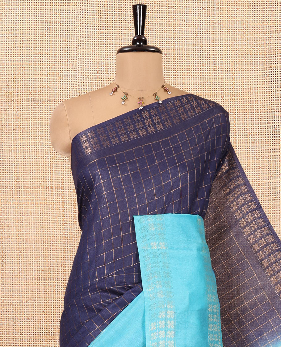 Navy Blue Bhagalpur Cotton Saree, Adorned with Zari Checked Design on Its Body, Complemented by a Contrast Traditional Zari Double-Pettu Border, Checked Design Pallu, and Paired with a Contrast Blouse - Image 2