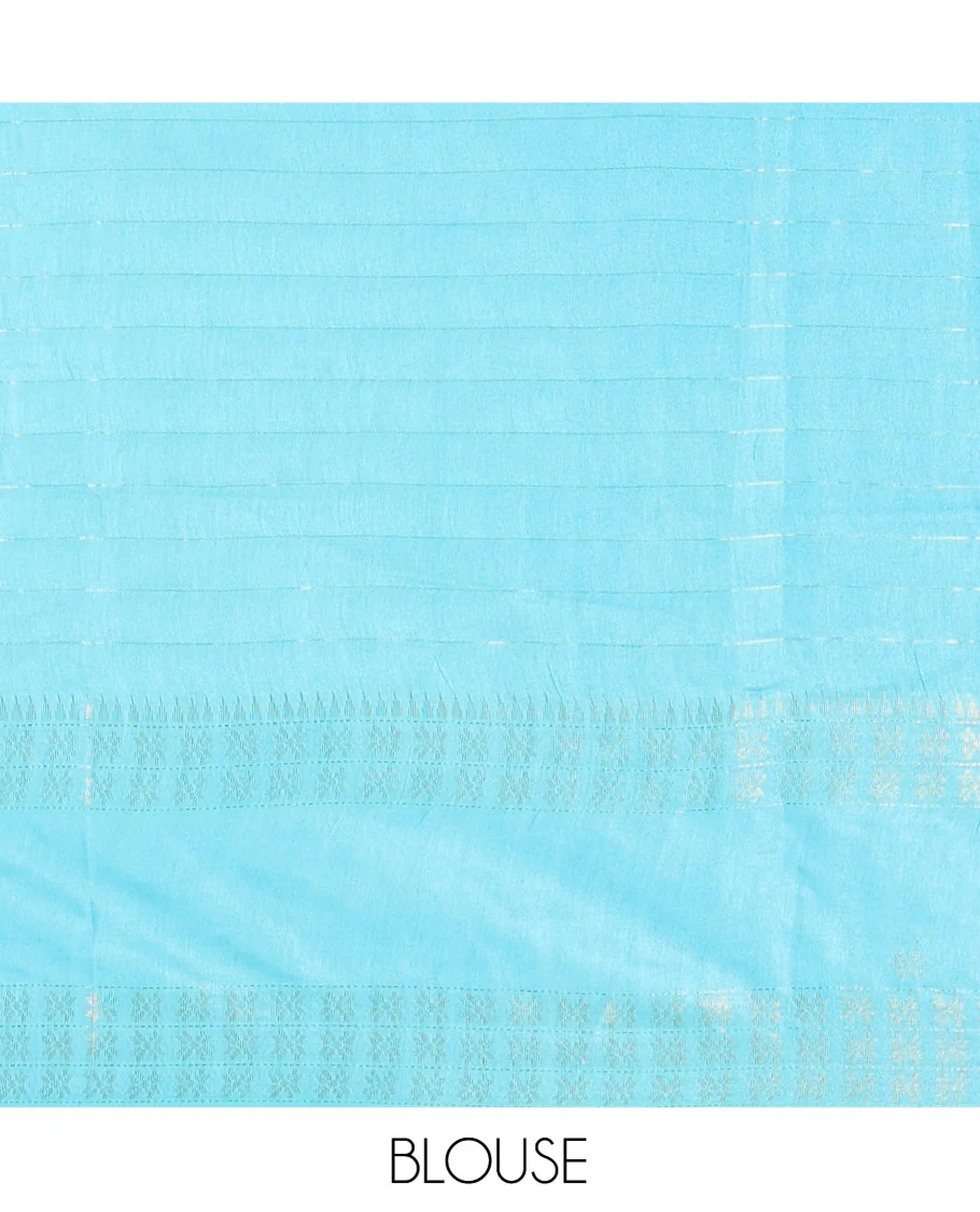 Navy Blue Bhagalpur Cotton Saree, Adorned with Zari Checked Design on Its Body, Complemented by a Contrast Traditional Zari Double-Pettu Border, Checked Design Pallu, and Paired with a Contrast Blouse - Image 3