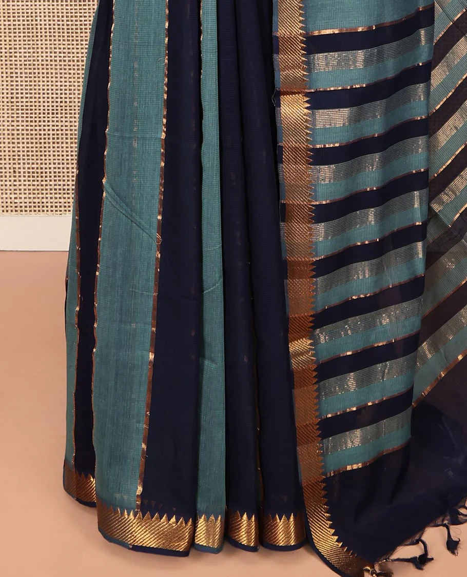 Navy Blue-Blue Mangalgiri Cotton Saree, Gleamed Up with Stripes on Its Body, Highlighted by Zari Temple Border, Zari-Striped Pallu, and Paired with a Matching Blouse - Image 3