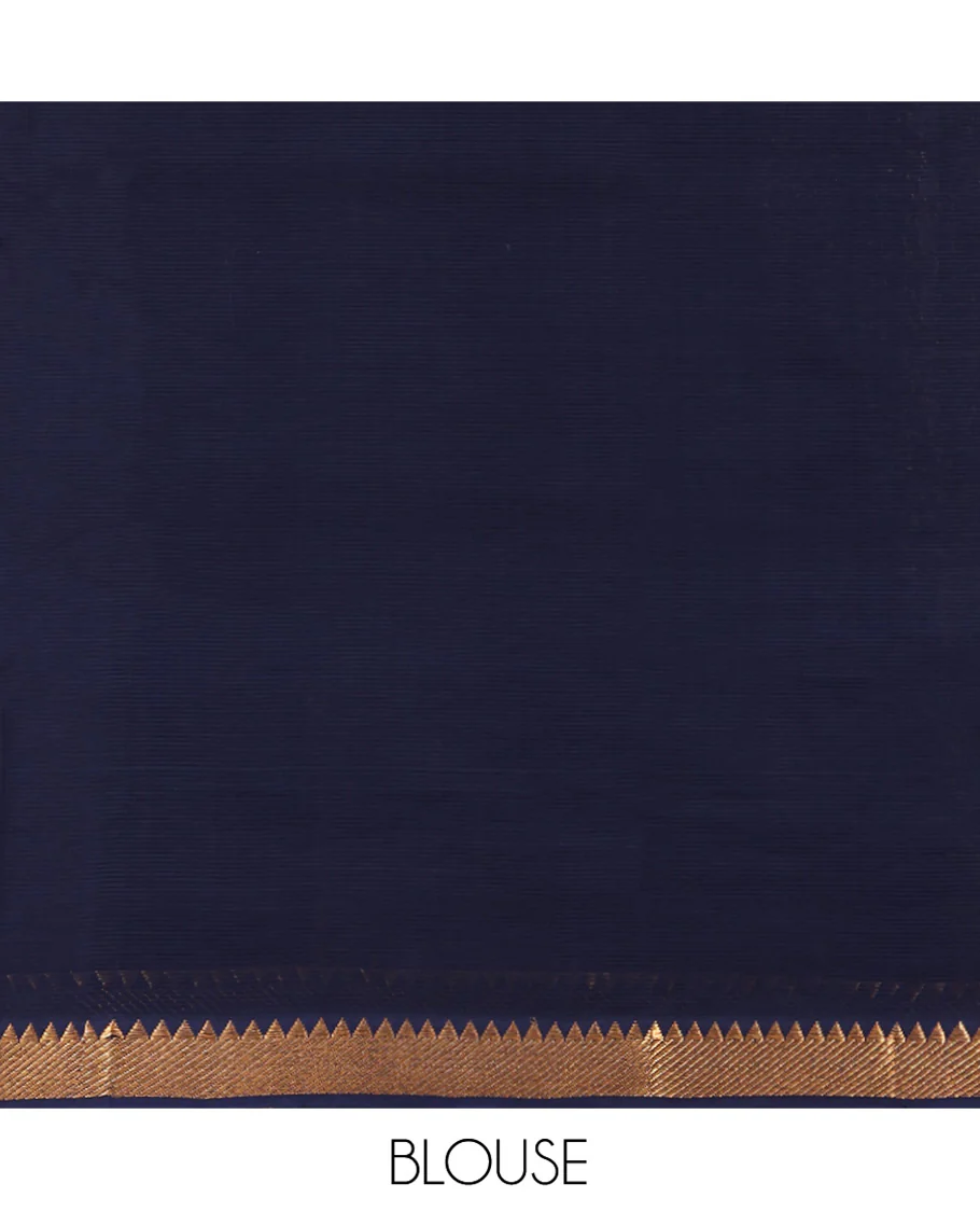 Navy Blue-Blue Mangalgiri Cotton Saree, Gleamed Up with Stripes on Its Body, Highlighted by Zari Temple Border, Zari-Striped Pallu, and Paired with a Matching Blouse - Image 4