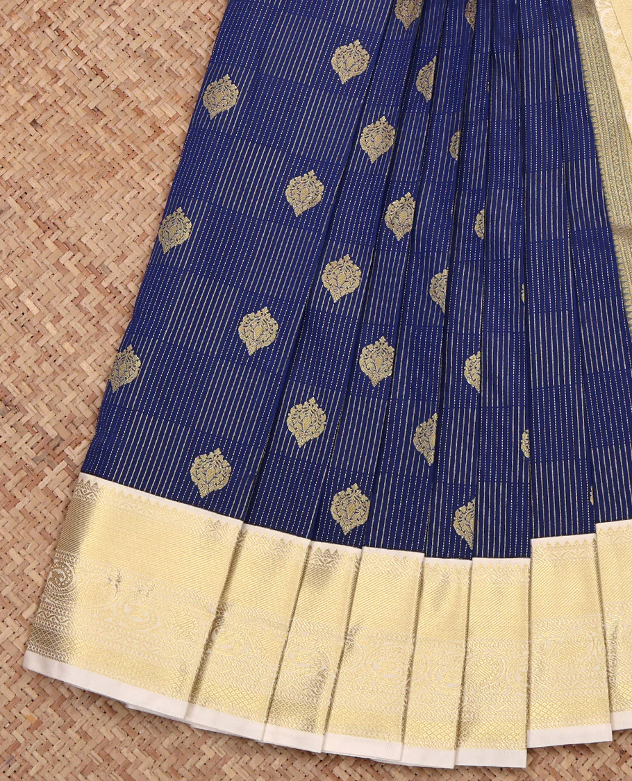 Navy Blue Budget Silk Saree, Accentuated with Zari Buttas and Checks, Complemented by a Contrast Traditional Zari Design Border, Intricately Designed Pallu, and a Contrast Blouse