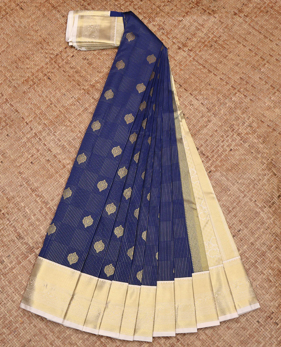 Navy Blue Budget Silk Saree, Accentuated with Zari Buttas and Checks, Complemented by a Contrast Traditional Zari Design Border, Intricately Designed Pallu, and a Contrast Blouse - Image 2
