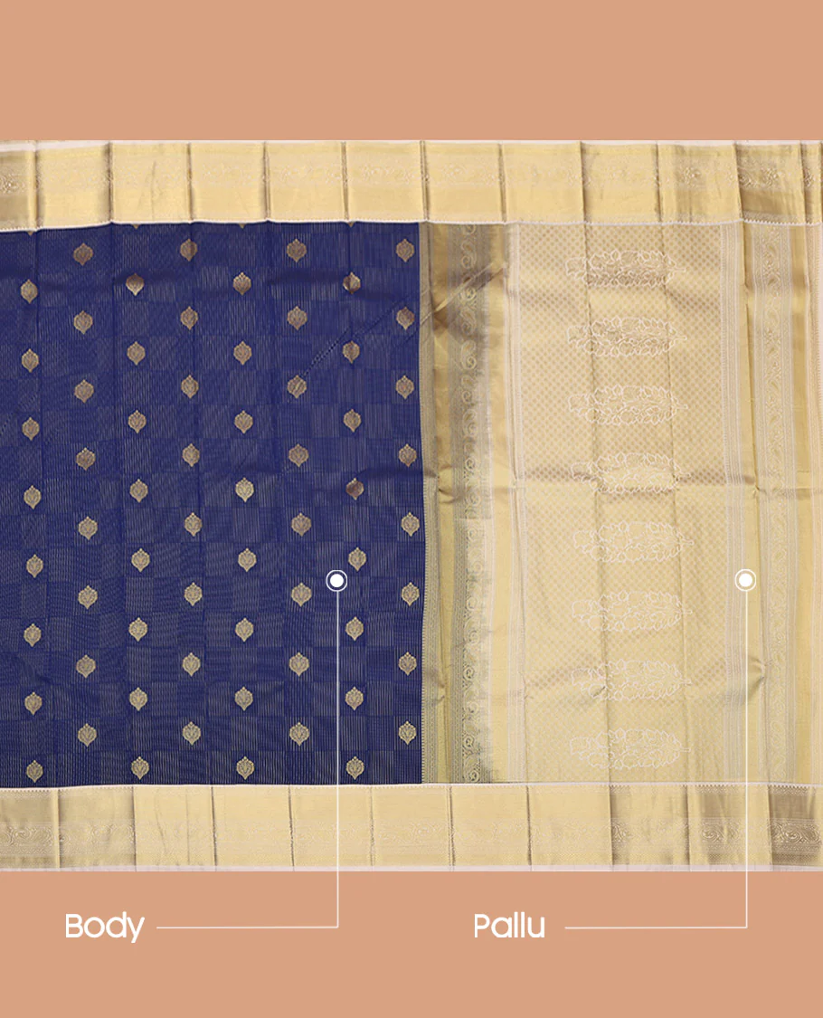 Navy Blue Budget Silk Saree, Accentuated with Zari Buttas and Checks, Complemented by a Contrast Traditional Zari Design Border, Intricately Designed Pallu, and a Contrast Blouse - Image 3