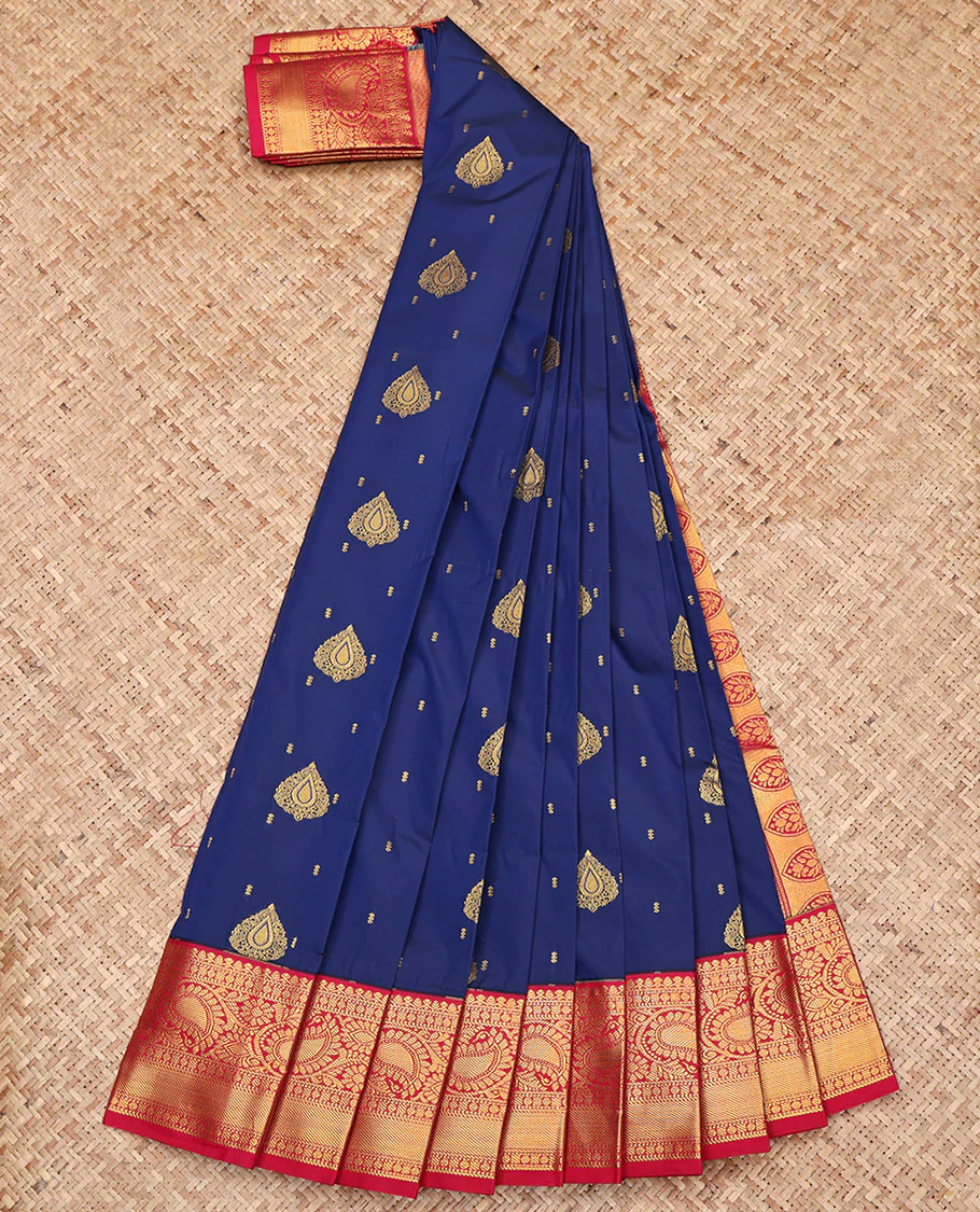 Navy Blue Budget Silk Saree, Adorned with Zari Buttas on Its Body, Complemented by a Contrast Traditional Zari Border of Paisleys, Intricately Designed Pallu, and Paired with a Contrast Blouse - Image 2