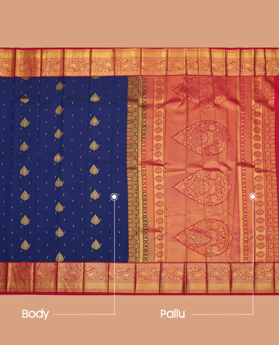 Navy Blue Budget Silk Saree, Adorned with Zari Buttas on Its Body, Complemented by a Contrast Traditional Zari Border of Paisleys, Intricately Designed Pallu, and Paired with a Contrast Blouse - Image 3