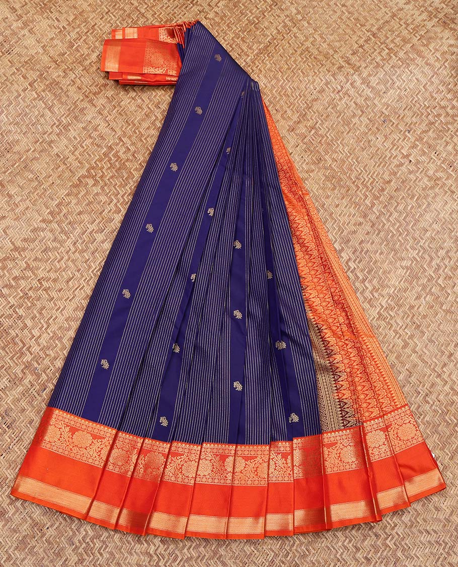 Navy Blue Budget Silk Saree, Finely Crafted with Zari Buttas and Stripes on Its Body, Complemented by a Contrast Traditional Zari Design Rettai Pettu Border, Intricately Designed Pallu, and Paired with a Contrast Blouse - Image 2