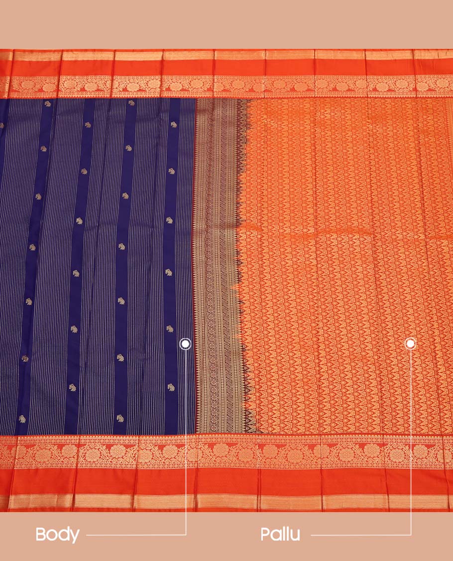 Navy Blue Budget Silk Saree, Finely Crafted with Zari Buttas and Stripes on Its Body, Complemented by a Contrast Traditional Zari Design Rettai Pettu Border, Intricately Designed Pallu, and Paired with a Contrast Blouse - Image 3