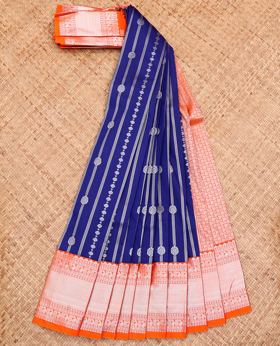 Navy Blue Budget Silk Saree, Ornamented with Zari Designs All Over Its Body, Complemented by a Contrast Traditional Zari Design Border, Grand Pallu, and Paired with a Contrast Blouse - Image 2