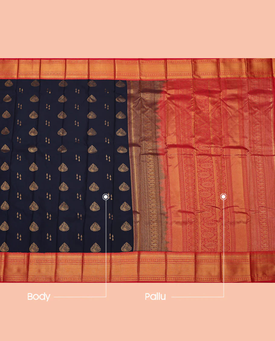 Navy Blue Budget Silk Saree, Woven with Zari Buttas All Over Its Body, Complemented by a Contrast Traditional Zari Design Border, Grand Pallu, and Paired with a Contrast Blouse - Image 3