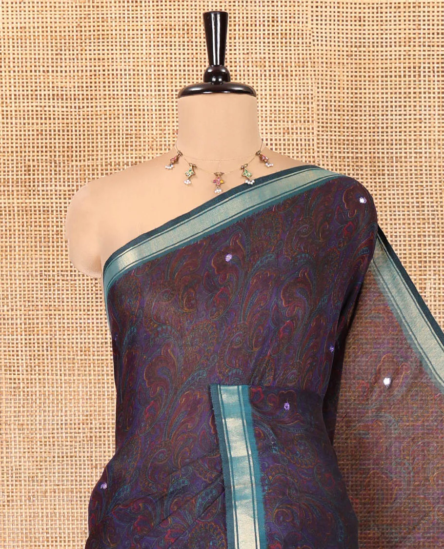 Navy Blue Chanderi Cotton Saree, Adorned with Intricate Paisley Pattern Print and Mirror Work on Its Body, Complemented by Contrast Border, an Intricately Designed Pallu, and Paired with a Contrast Blouse - Image 2