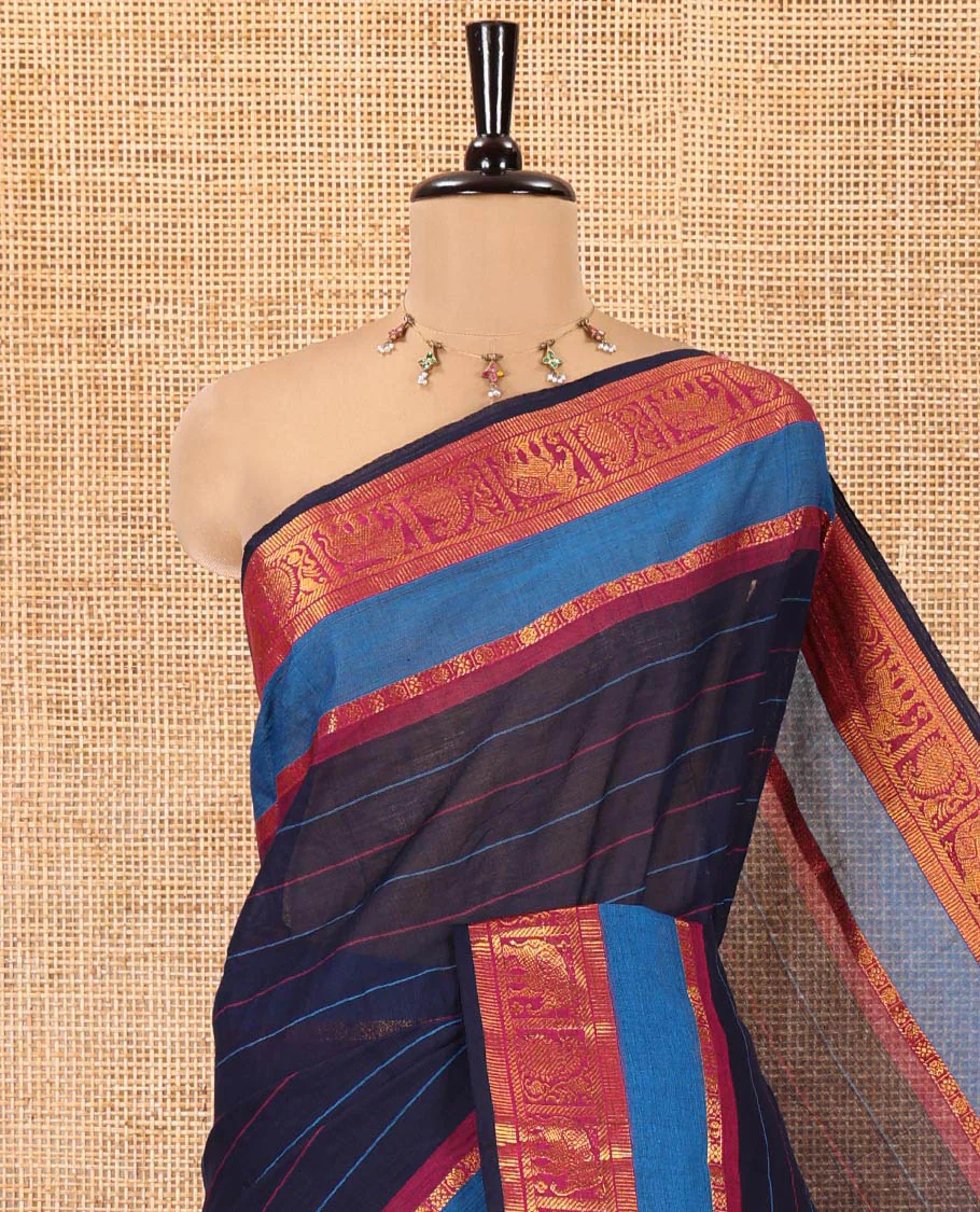 Navy Blue Chettinad Cotton Saree, Adorned with Stripes All Over Its Body, Complemented by Contrast Rettai Pettu Traditional Zari Design Border, Striped Pallu, and Has No Blouse - Image 2