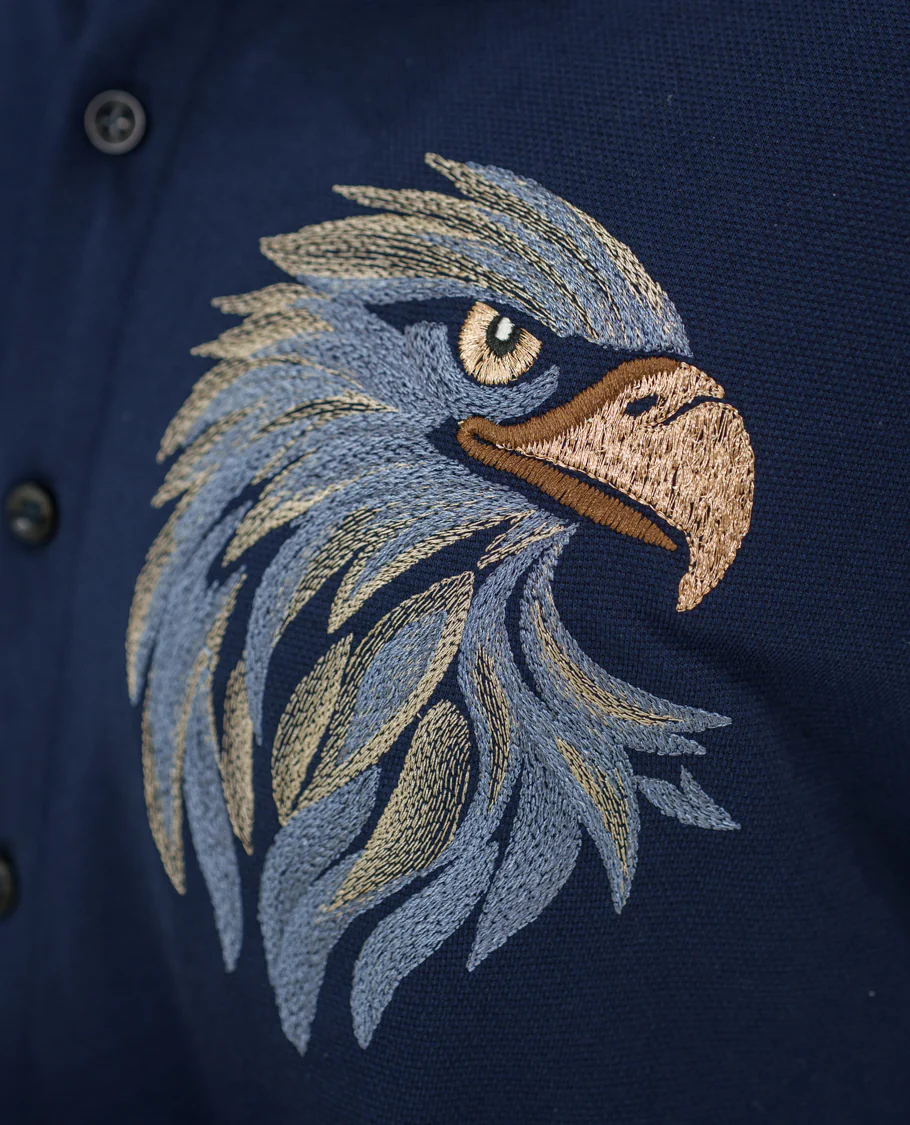 Navy Blue Cotton-Blended Casual Shirt Comes with Eagle Motif Embroidery, Spread Collar, Half Sleeves, Regular Fit, and Regular Length - Image 6