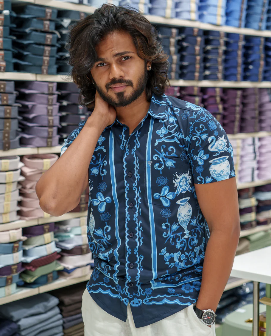 Navy Blue Cotton-Blended Casual Shirt Comes with Floral-Flower Vase Motifs Print, Spread Collar, Half Sleeves, Regular Fit, and Regular Length - Image 3