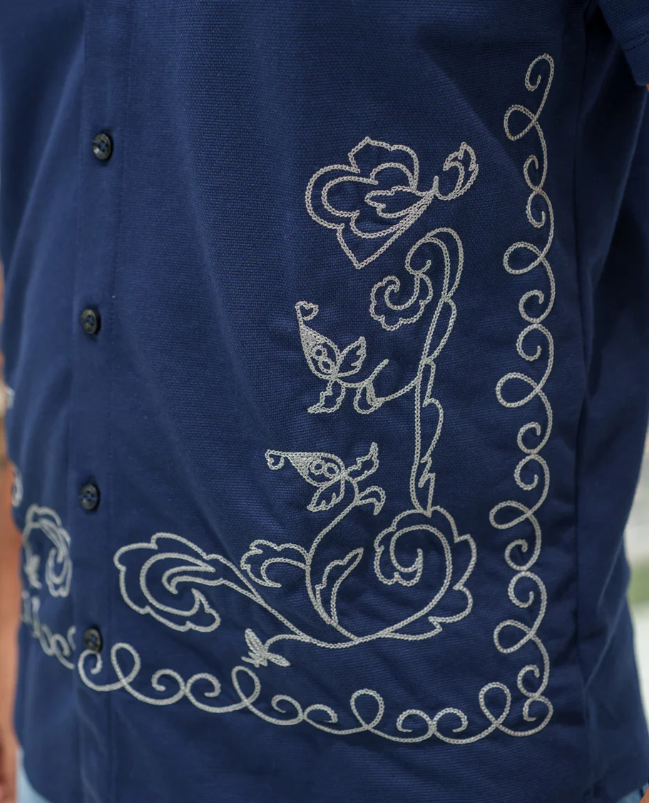 Navy Blue Cotton-Blended Casual Shirt Comes with Floral-Themed Thread Embroidery, Spread Collar, Half Sleeves, Regular Fit, and Regular Length - Image 6