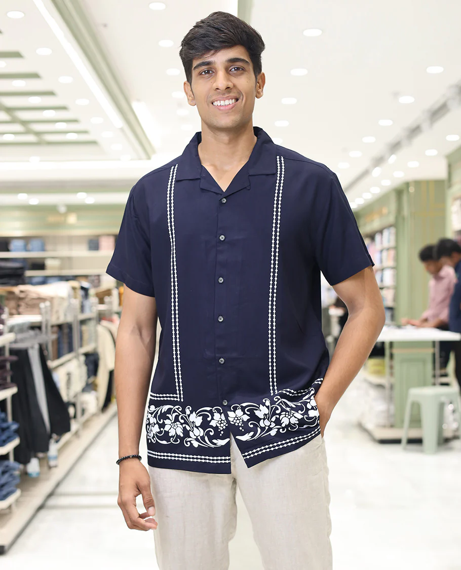 Navy Blue Cotton-Blended Casual Shirt, Subtly Designed with Floral-Theme Prints, Comes with a Cuban Collar, Half-Sleeves, Regular Fit, and Regular Length