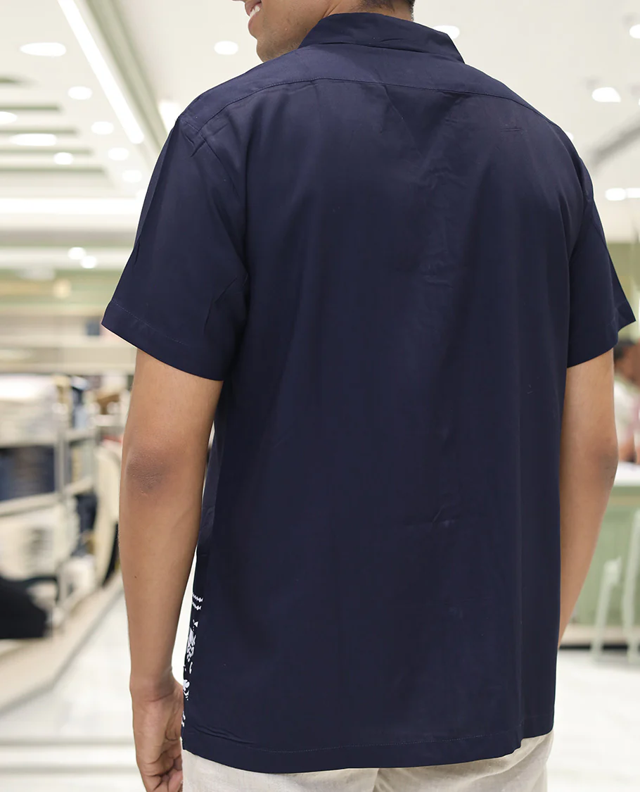 Navy Blue Cotton-Blended Casual Shirt, Subtly Designed with Floral-Theme Prints, Comes with a Cuban Collar, Half-Sleeves, Regular Fit, and Regular Length - Image 3