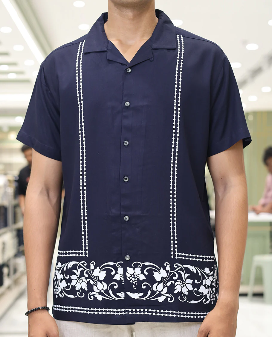 Navy Blue Cotton-Blended Casual Shirt, Subtly Designed with Floral-Theme Prints, Comes with a Cuban Collar, Half-Sleeves, Regular Fit, and Regular Length - Image 4