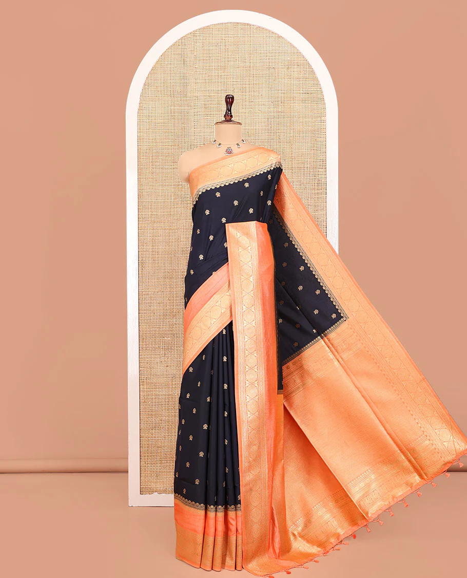 Navy Blue Dupion Silk Saree, Adorned with Buttas All Over Its Body, Complemented by Contrast Traditional Border of Paisleys and Chakram Designs, Intricately Designed Pallu, and Paired with a Contrast Blouse - Image 3