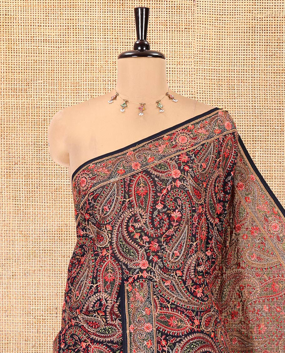 Navy Blue Georgette Saree, Ornamented with Intricate Paisleys, Kashmir Embroidered and Stone Work on Its Body, a Self-Embroidered Border, and Paired with an Embroidered Blouse - Image 2