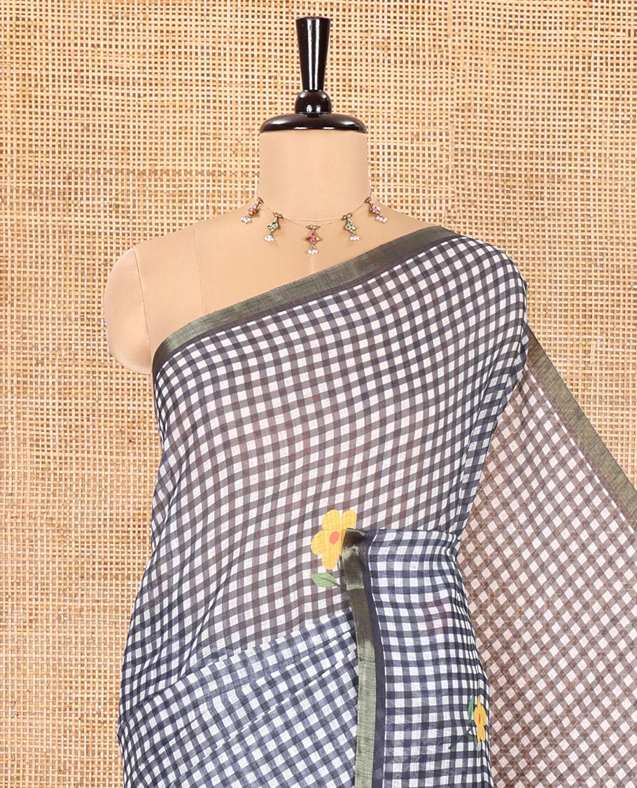 Navy Blue Linen Cotton Saree, Beautiful Decked Up with Checks and Floral Motifs Printed All Over Its Body, Subtle Piping Border, Pallu Mirrors the Same Design, and Paired with a Printed Blouse - Image 2