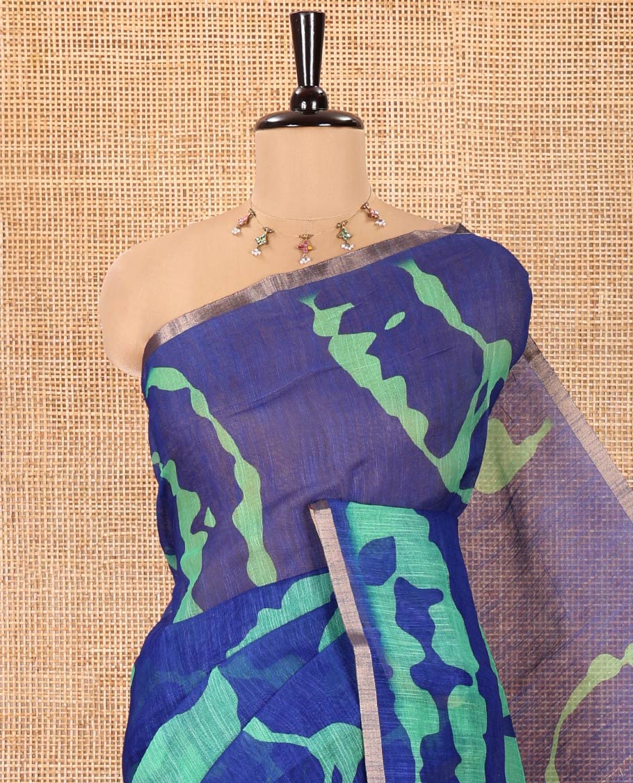 Navy Blue Linen Cotton Saree, Ornamented with Shibori Printed on Its Body, Subtle Piping Border, Pallu of Floral Vine Print, and Paired with a Contrast Floral Vine Printed Blouse - Image 2