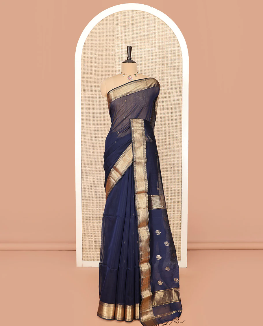Navy Blue Maheshwari Cotton Saree Prettified with Floral Buttas, Highlighted with a Traditional Zari Design Border, Pallu Adorned with Zari Stripes and Floral Buttas, and Paired with a Matching Blouse - Image 3