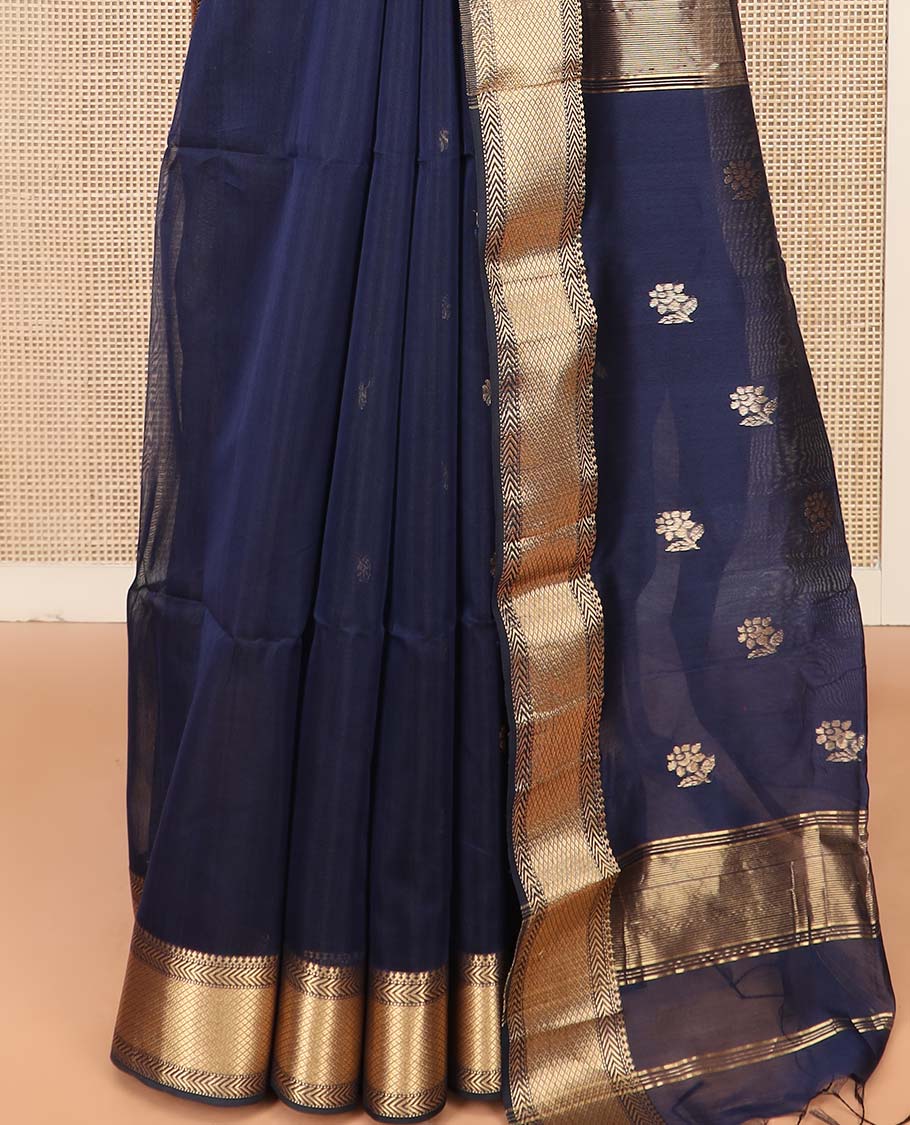 Navy Blue Maheshwari Cotton Saree Prettified with Floral Buttas, Highlighted with a Traditional Zari Design Border, Pallu Adorned with Zari Stripes and Floral Buttas, and Paired with a Matching Blouse - Image 4