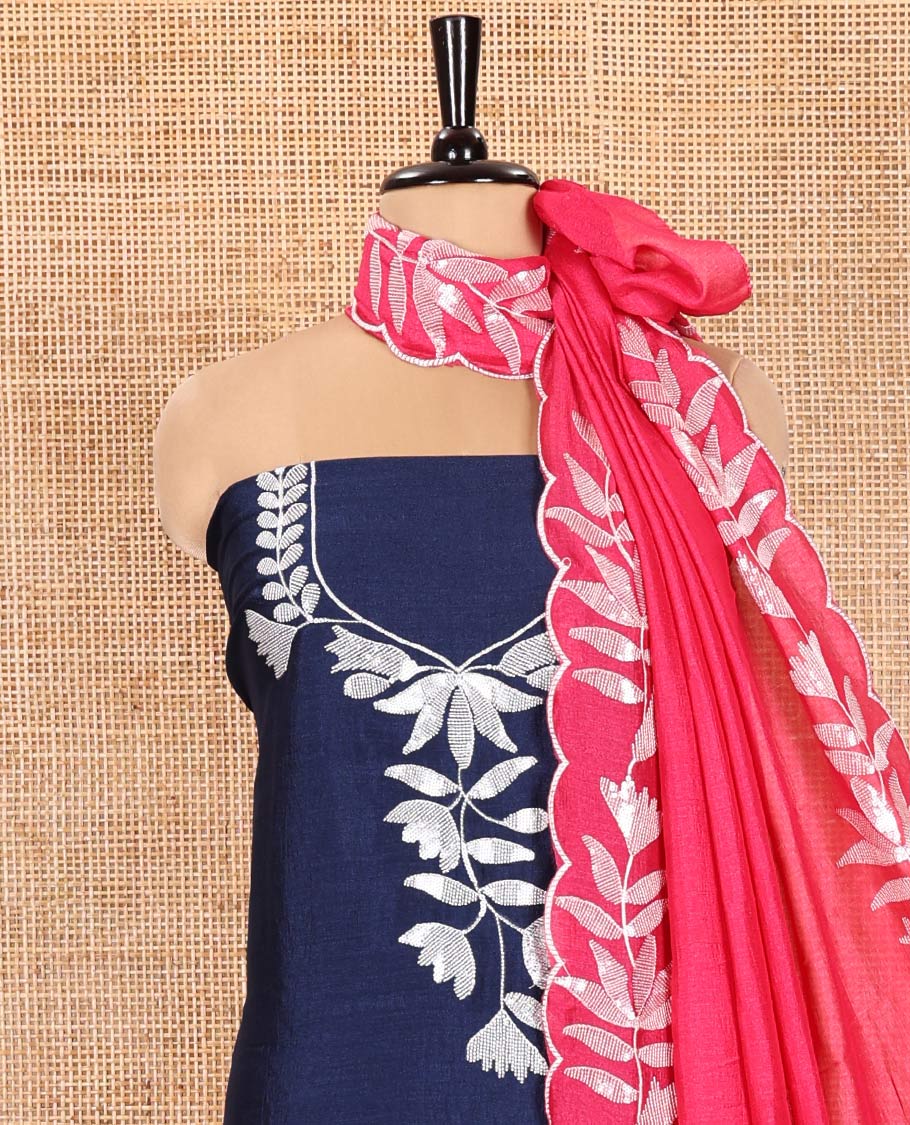 Navy Blue Material Churidar Set, Detailed with Floral Motifs Sequins-Thread Embroidered on Its Vichitra Silk Top, Comes with a Contrast Santoon Bottom, and Paired with a Vichitra Silk Floral Embroidered Scallop Dupatta - Image 3