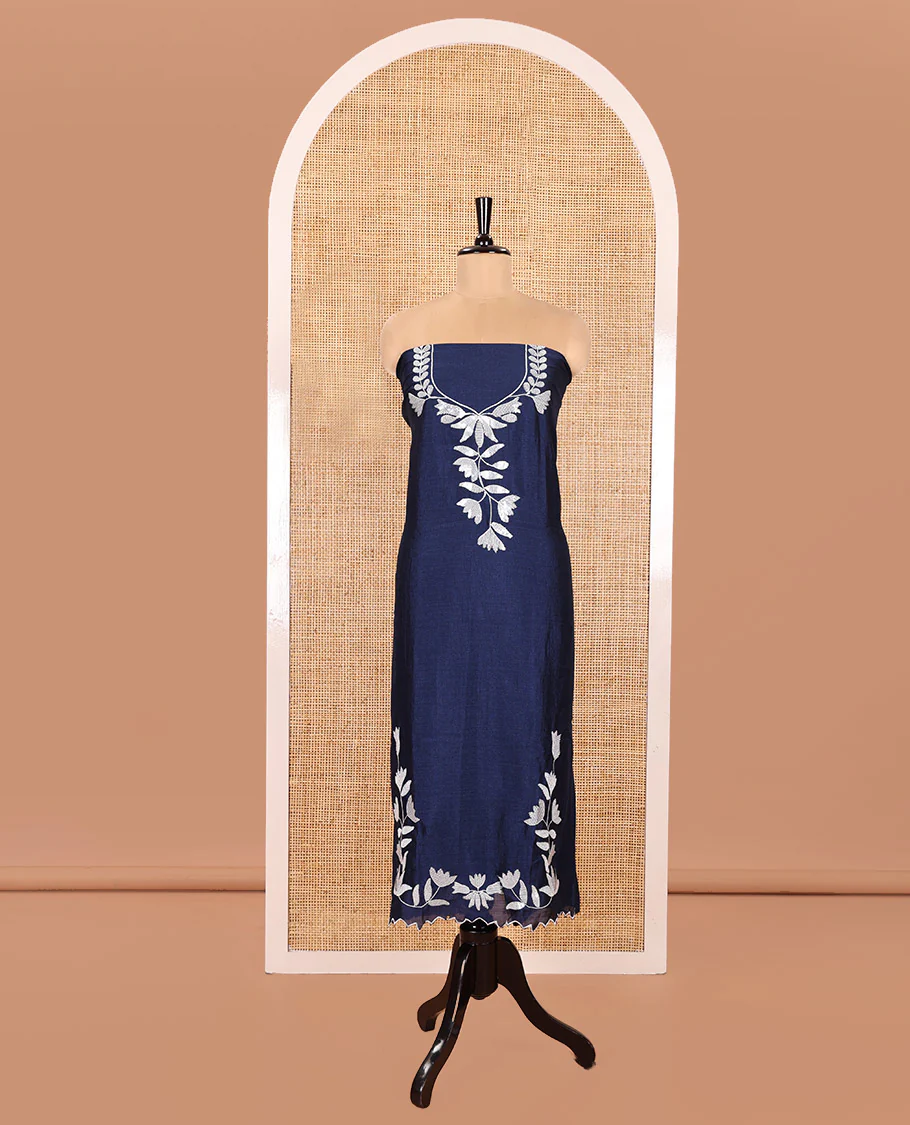 Navy Blue Material Churidar Set, Detailed with Floral Motifs Sequins-Thread Embroidered on Its Vichitra Silk Top, Comes with a Contrast Santoon Bottom, and Paired with a Vichitra Silk Floral Embroidered Scallop Dupatta - Image 4