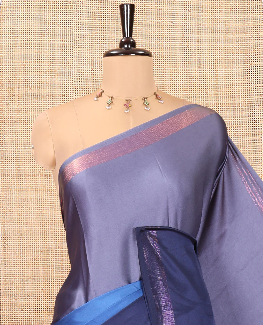 Navy Blue Ombre Plain Satin Crepe Saree, Subtle Zari Border, Plain Pallu, and Comes without a Blouse - Image 2