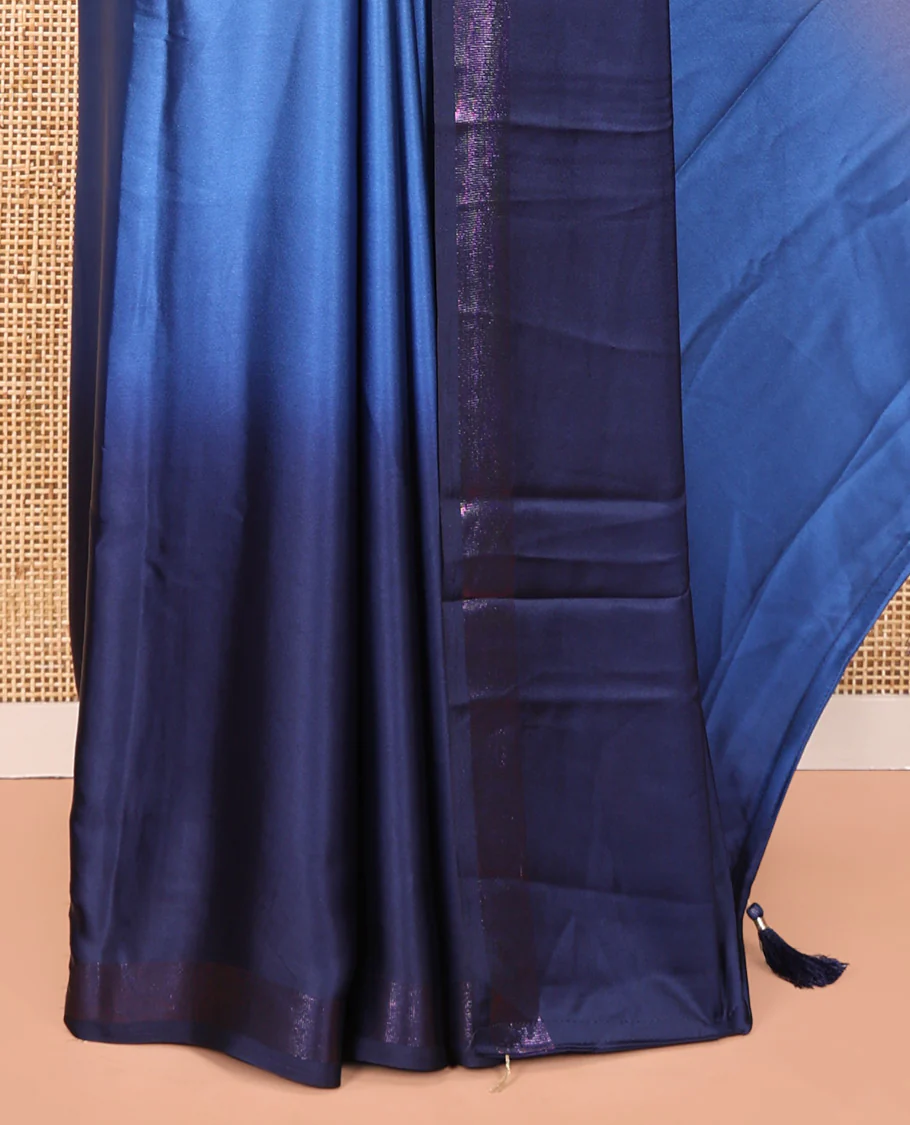 Navy Blue Ombre Plain Satin Crepe Saree, Subtle Zari Border, Plain Pallu, and Comes without a Blouse - Image 3
