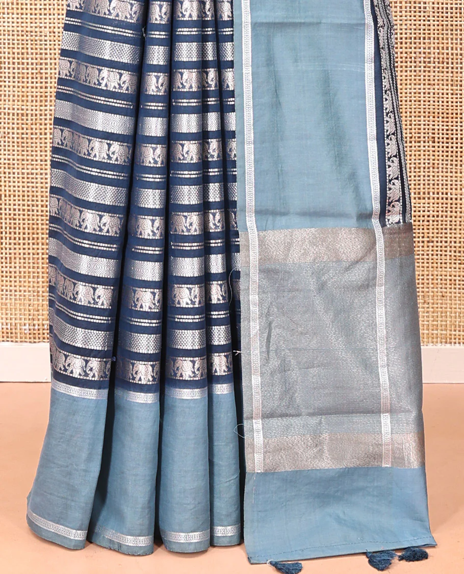Navy Blue Organza Saree, Richly Zari Detailed with Geometric and Elephant Motifs All Over Its Body, Complemented by Captivating Contrast Zari Border, Zari Decked Up Pallu, and Paired with a Contrast Blouse - Image 6