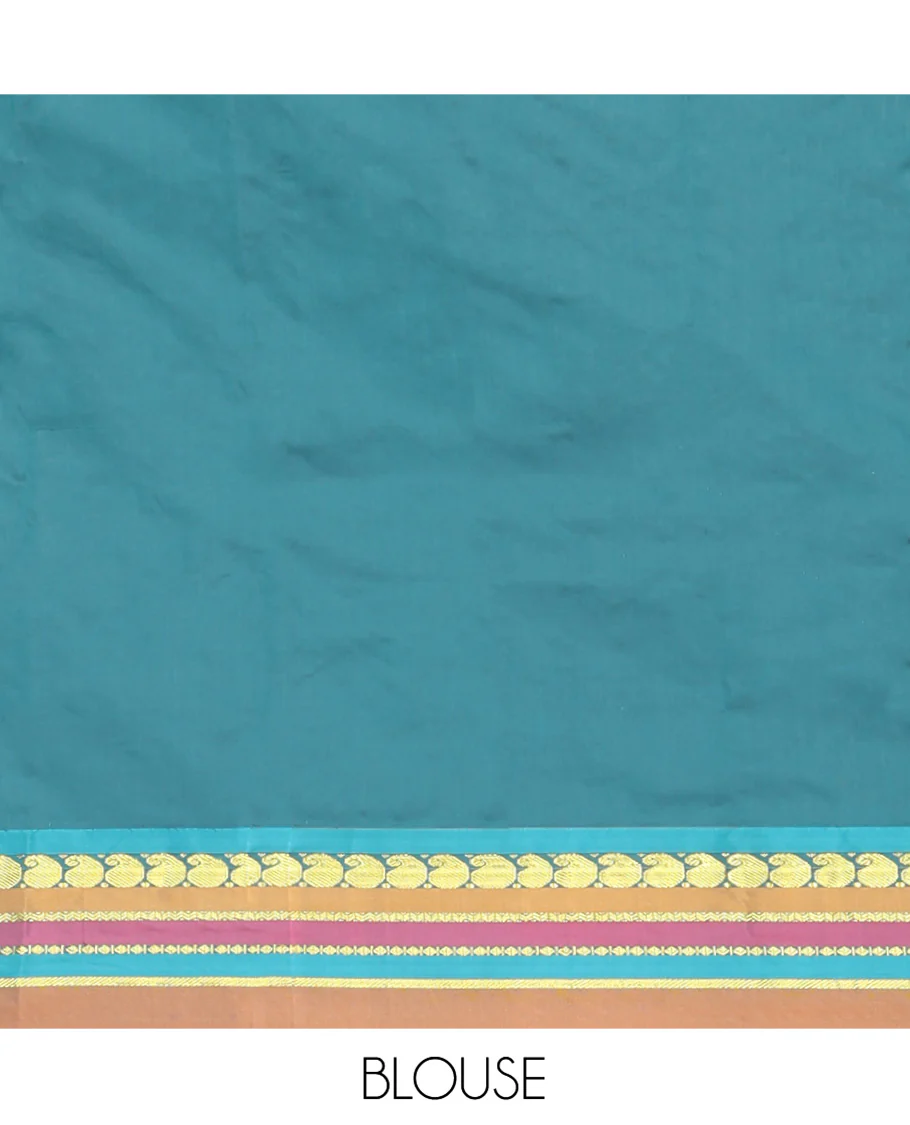 Navy Blue Plain Aarani Gift Saree, Complemented by a Contrast Traditional Design Temple Border, Captivating Contrast Pallu of Stripes, and Paired with a Contrast Blouse - Image 3