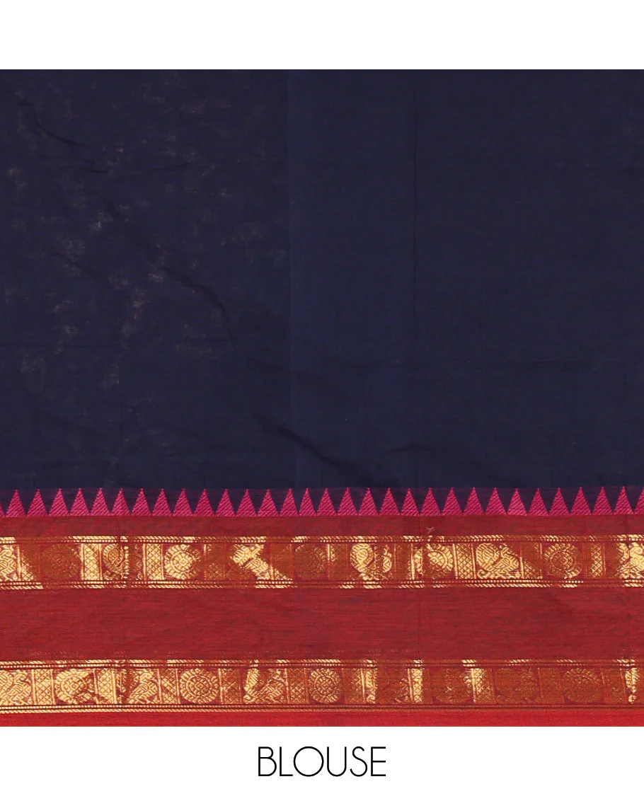 Navy blue plain chettinad cotton saree , ganga jamuna rettai pettu border , lining pallu with tussels - Image 4