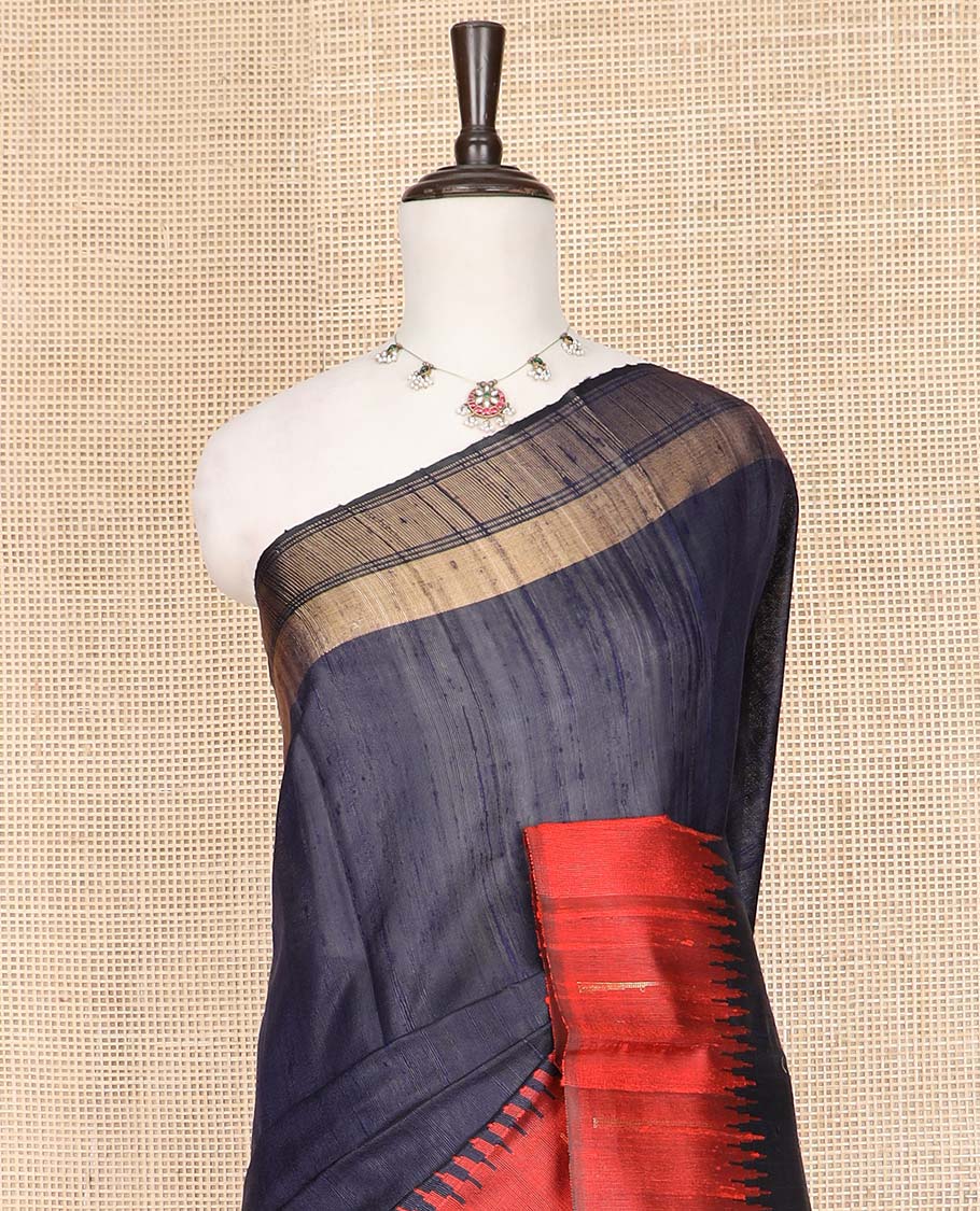 Navy Blue Plain Dupion Silk Saree, Complemented by a Contrast Temple Border, Gleaming Traditional Motifs Woven Pallu, and Paired with a Contrast Blouse - Image 2