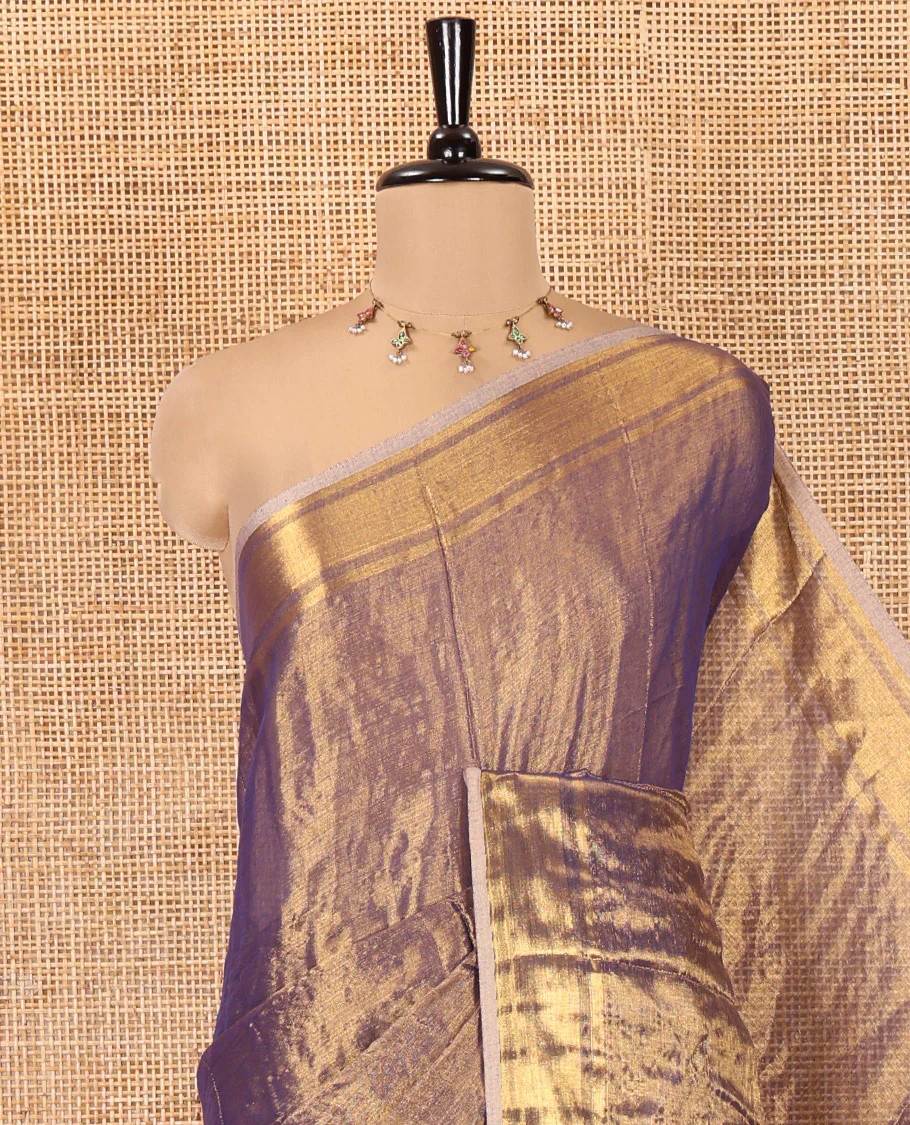 Navy Blue Plain Khadi Tissue Saree, a Gleaming Zari Bavanji Border, Golden Zari Striped Pallu, and Paired with a Matching Blouse - Image 2